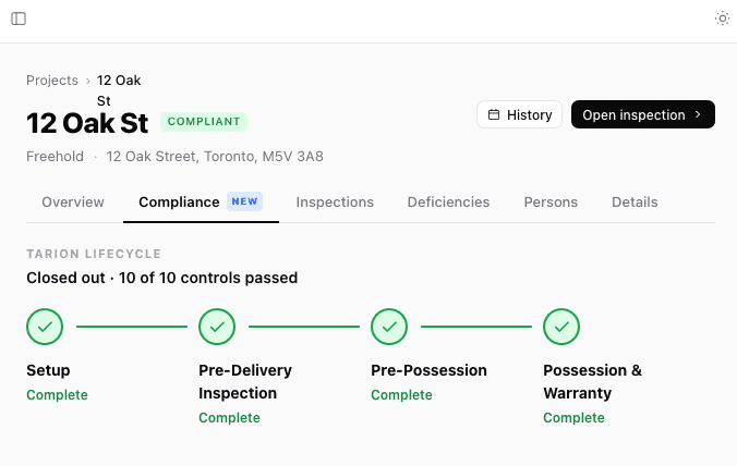 Tarion compliance lifecycle — closed out, 10 of 10 controls passed